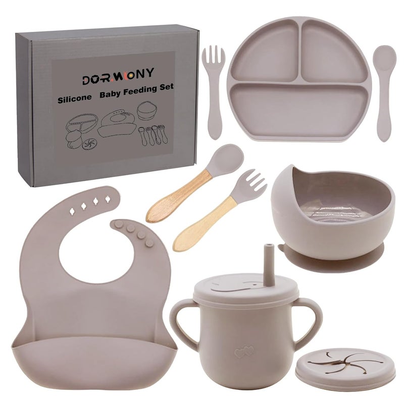 Dormlony 100% Silicone Baby Feeding Set, BPA Free, 9 Pcs: Suction Bowl, Divided Plate, Toddler Self Feeding Dish Set with Spoons, Forks, Sippy Cup, Bib, Beige - Image 1